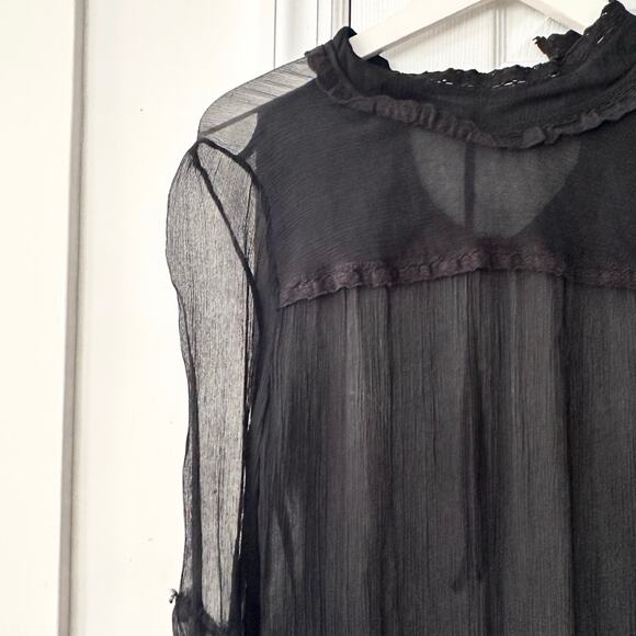 Free People Black Sheer Silk High Neck Vtg Victorian Witchy Core Blouse 6 Small - Picture 7 of 8